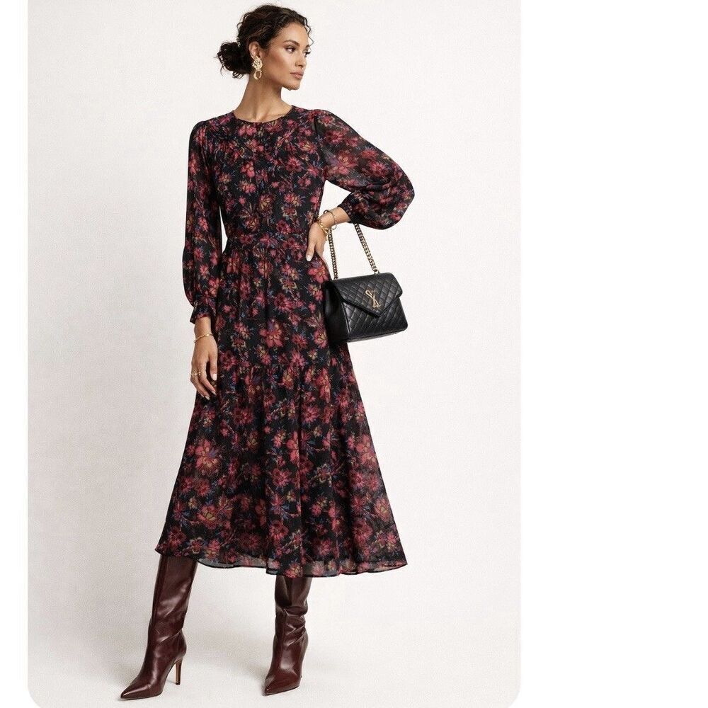 Derek Lam 10 Crosby Tracy Floral Chiffon Midi Dress Size 10 Black Pink - Picture 1 of 13